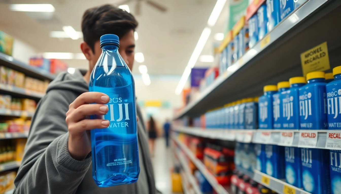 Examine Fiji water recall 2024 details and safety information on a product shelf in a store.