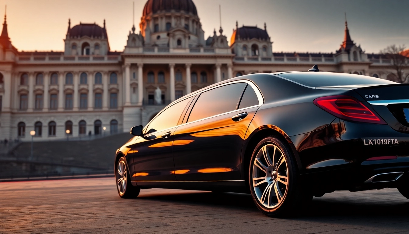 Luxury private car service Budapest with elegant limousine near the iconic Parliament Building.