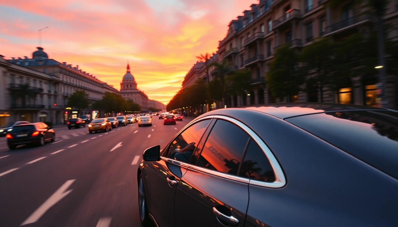 Experience cheap car rental with driver Madrid in a luxurious vehicle amidst a beautiful sunset.