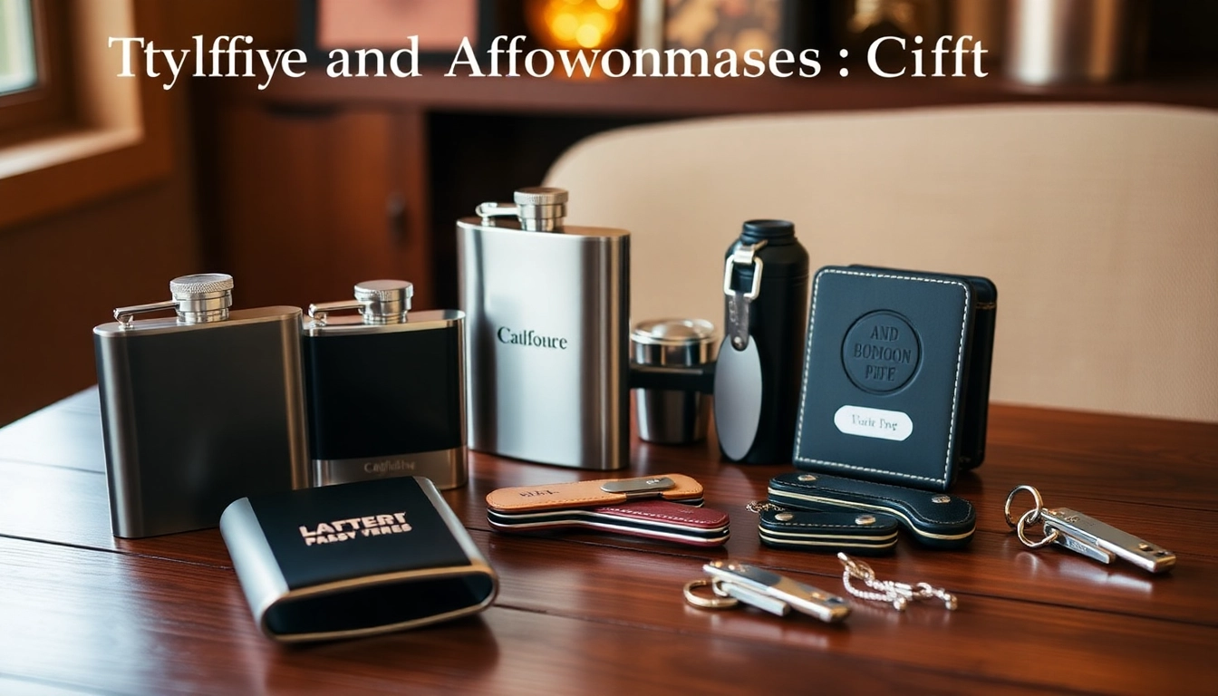 Showcase a variety of cheap groomsmen gifts including engraved flasks and personalized keychains for memorable celebrations.