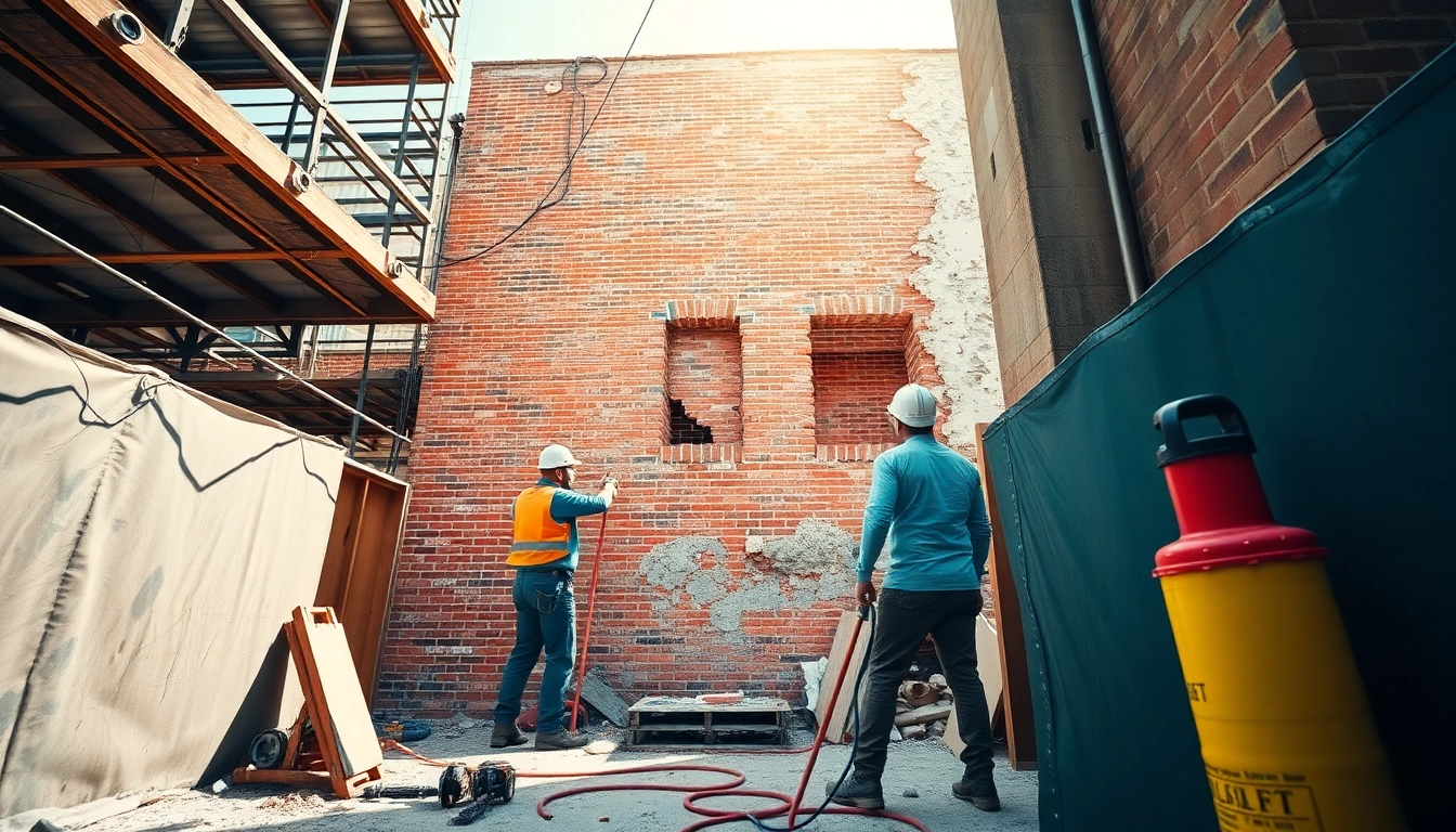 Workers engaged in facade removal, showcasing safe practices and effective tools during the process.