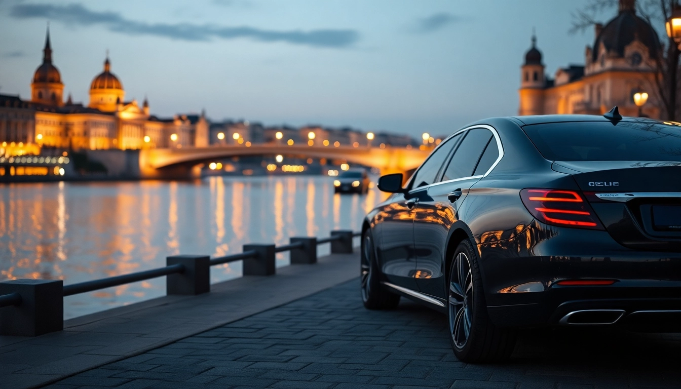 Luxury private car service Budapest showcasing an elegant vehicle by the Danube River at sunset.