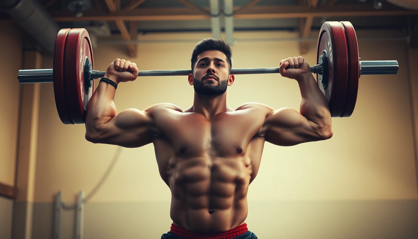 Weightlifting athlete executing a clean and jerk with impressive strength and form.