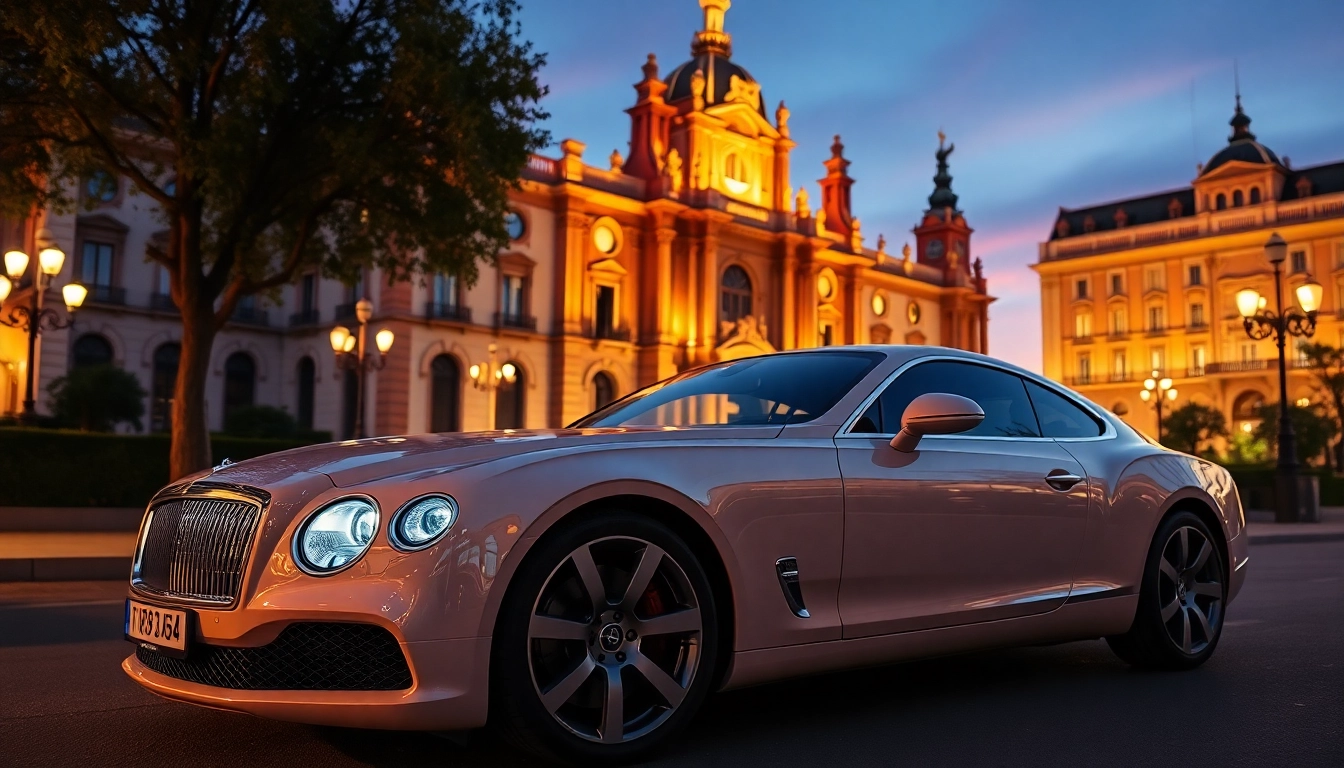 Experience cheap car rental with driver Madrid in a luxurious car near iconic landmarks.