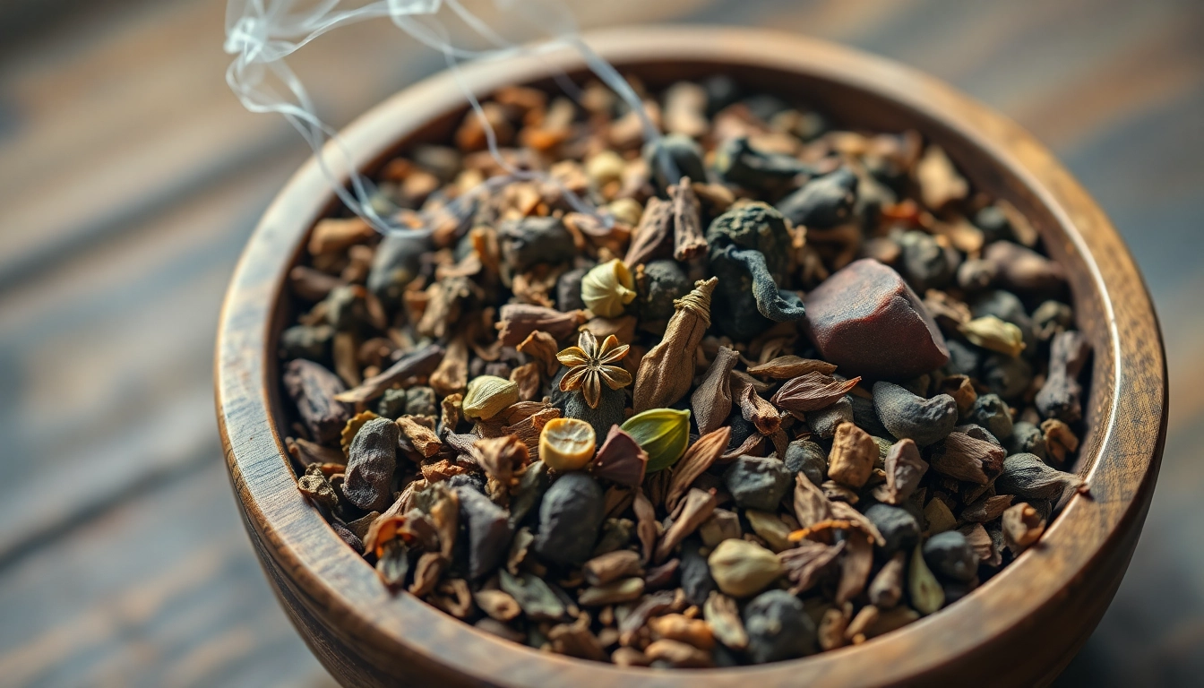 Arrange a vibrant Alternative Smoking Blend in a wooden bowl with earthy herbs and tranquil lighting.