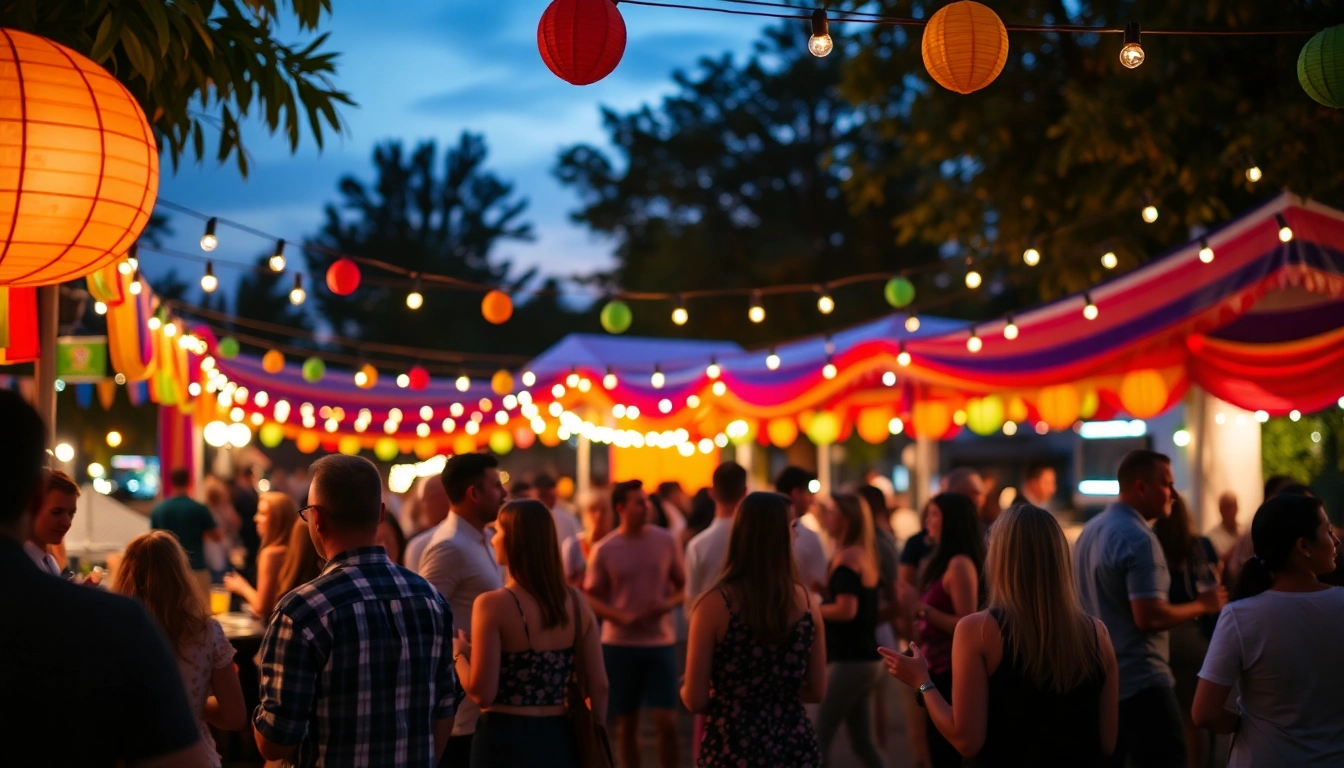 Experience a unique event filled with colorful decorations and lively conversations under soft dusk lighting.