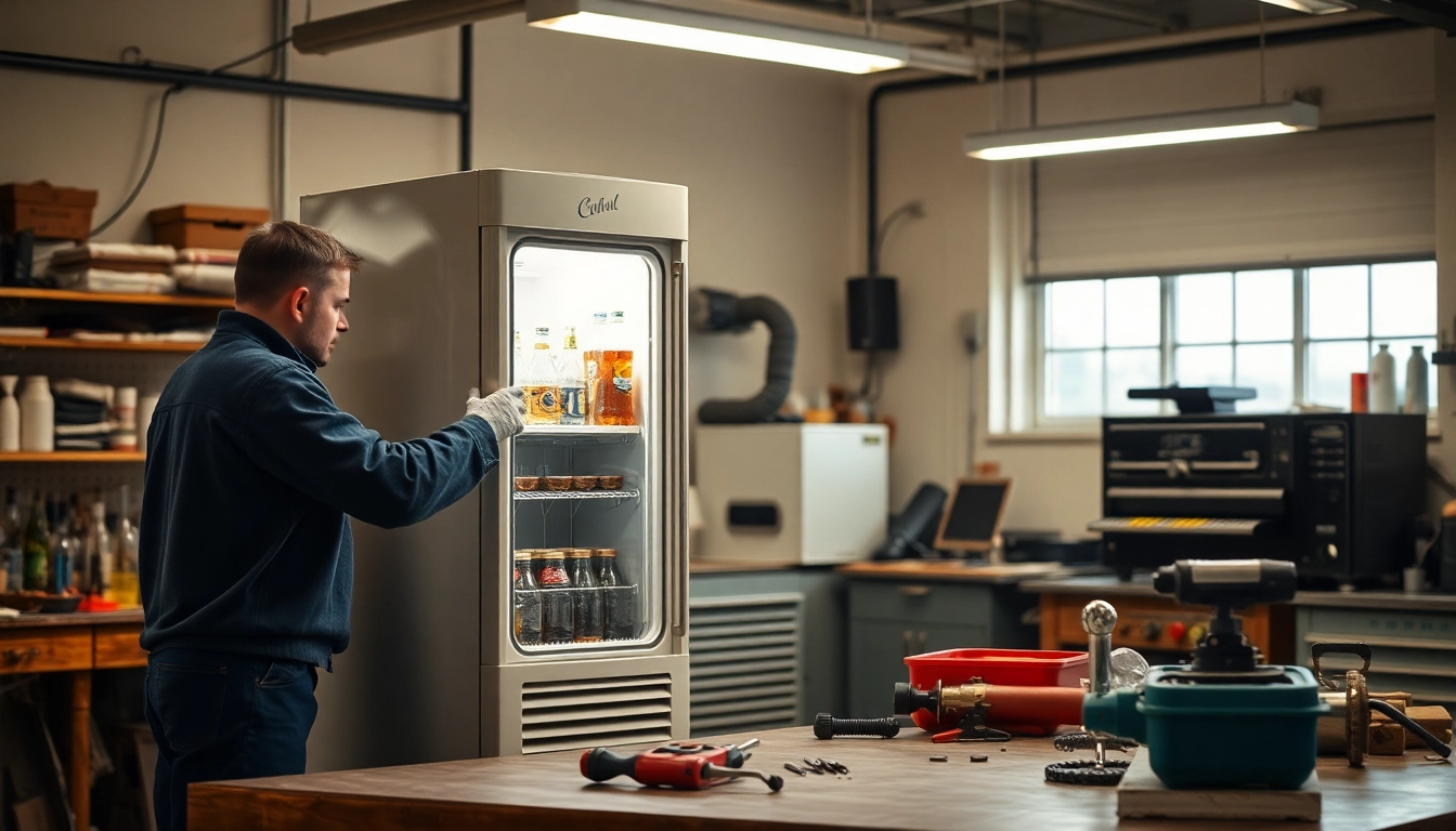 Technician performing soda cooler repair, showcasing tools and equipment for effective maintenance.