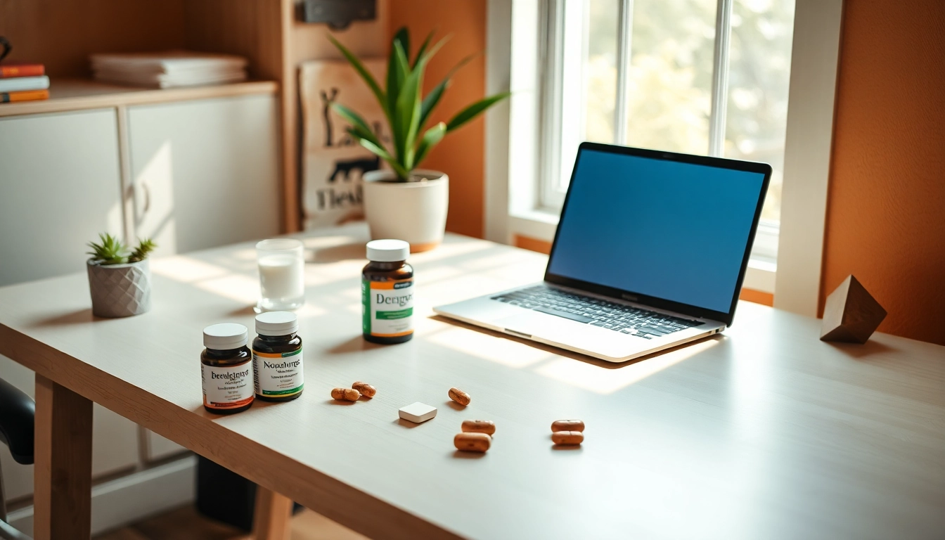 Optimize your focus with nootropics laid out on a bright workspace desk next to a laptop.