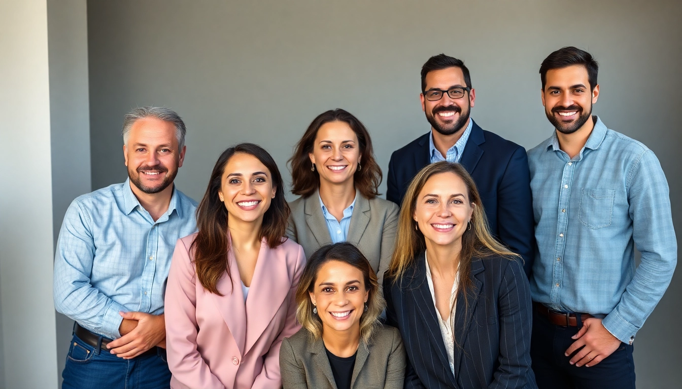 Employees showcasing company headshots in a professional setting with soft lighting.