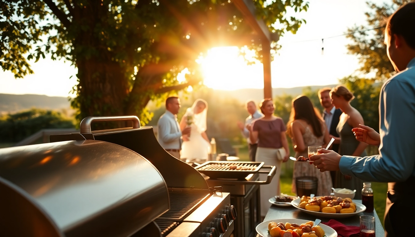 Experience Hochzeit Grill Catering für Berlin with a stunning outdoor BBQ setting, delightful guests, and gourmet dishes.