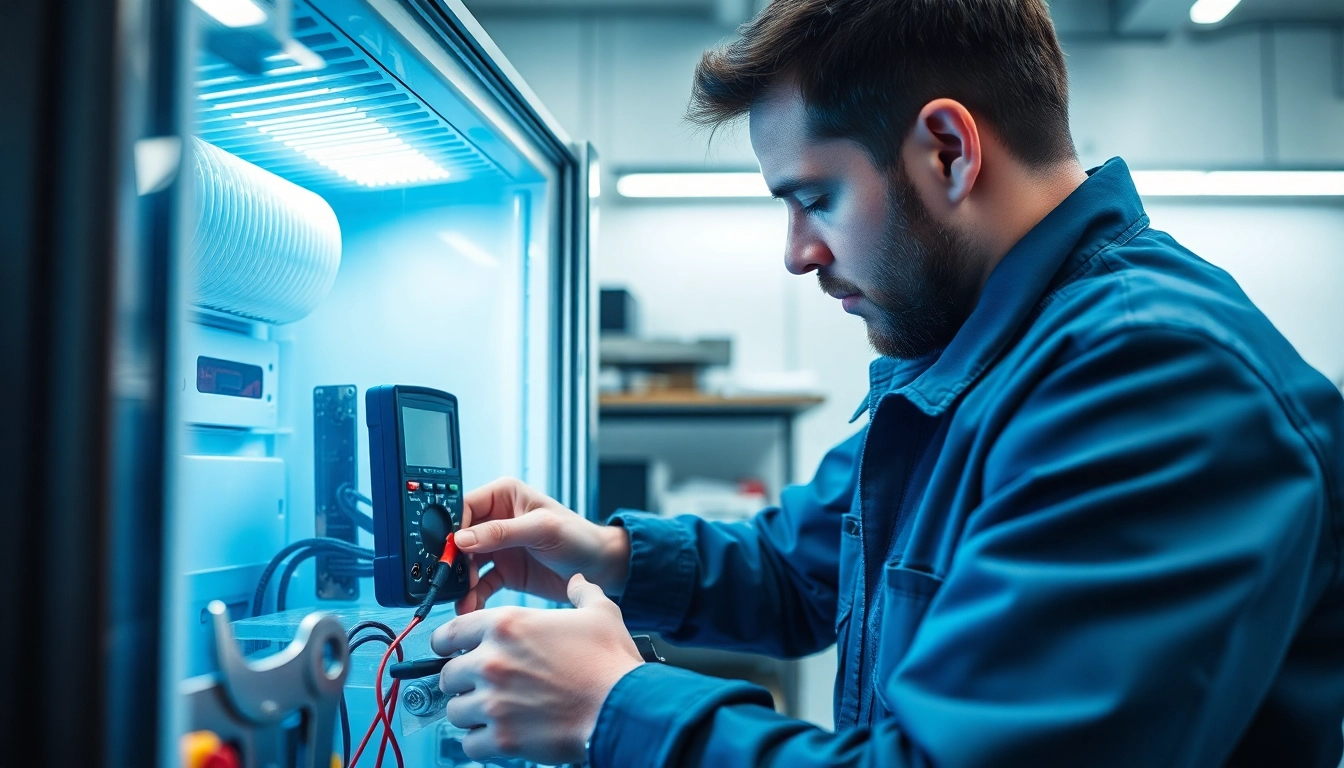 Technician performing soda cooler repair, showcasing tools and maintenance in a bright workshop.