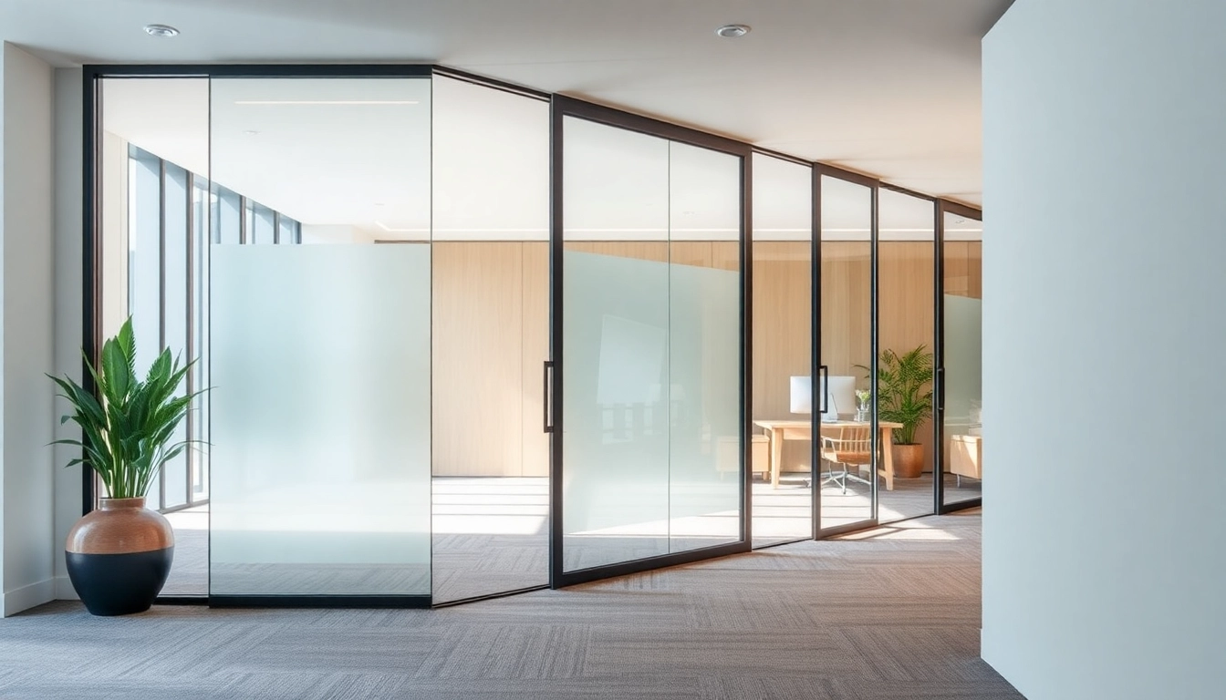 Showcase movable glass partitions enhancing flexibility and openness in a contemporary workspace.