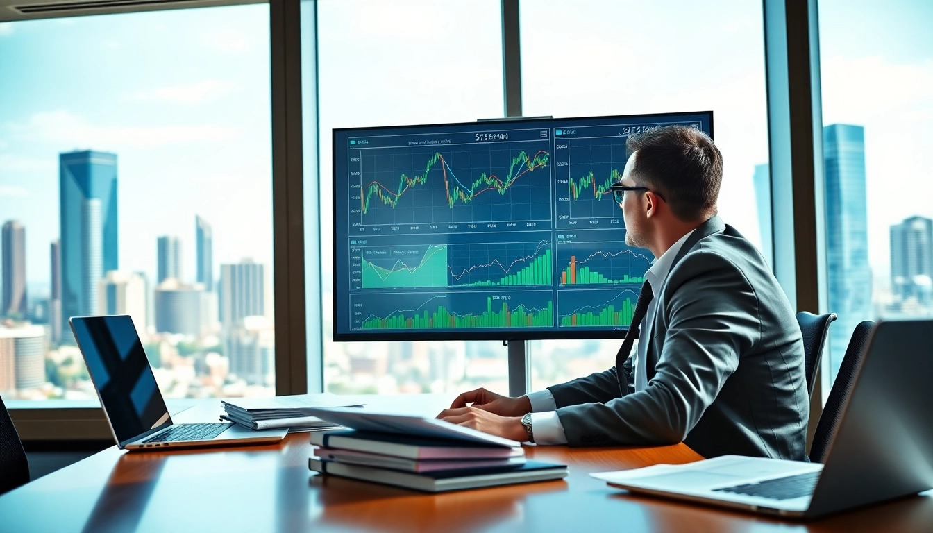 Trader analyzing graphs for trade futures in a modern office.