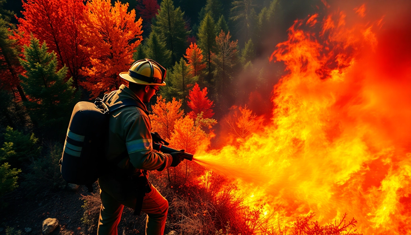 Engaged firefighters tackling wildfire events in a dense forest setting, illustrating resilience.