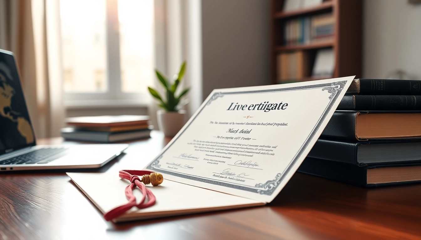 Showcase an original university degree UK on a desk with books, emphasizing education and achievement.