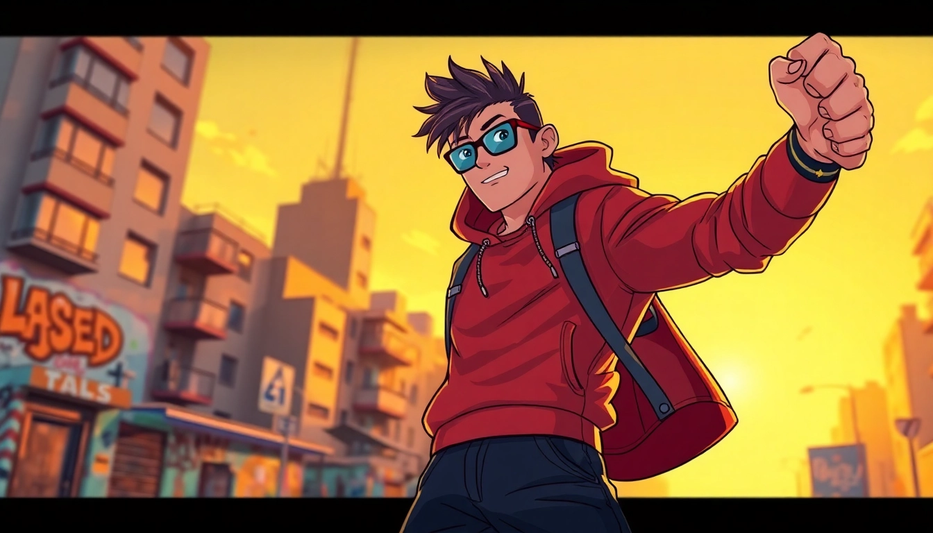 Charismatic character representing based chad zora in an urban sunset backdrop, exuding confidence.