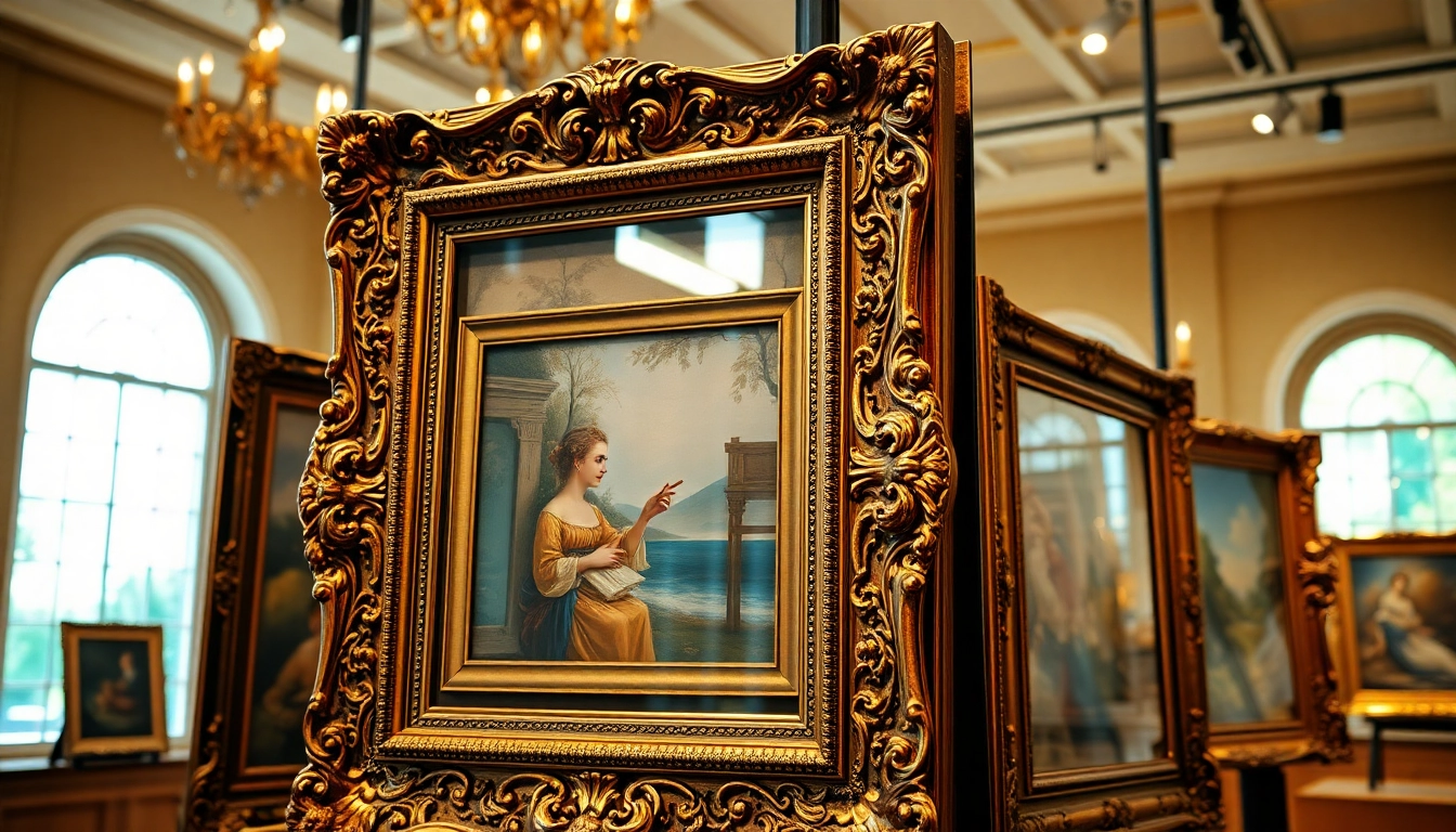 Admiring ornate picture frames showcasing classic art pieces with intricate designs and rich colors.