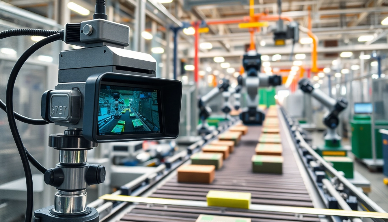 Visualize a machine vision setup inspecting products for quality in a bright industrial environment.