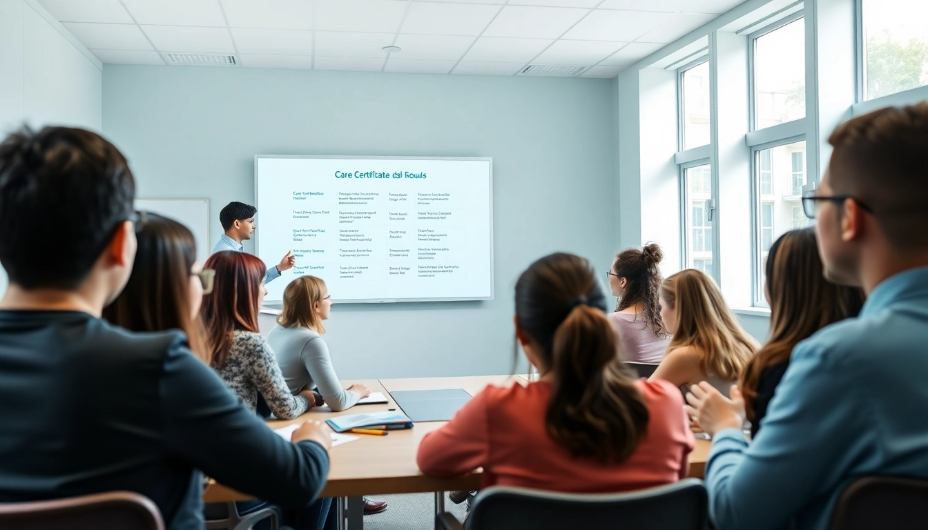 Students discussing Care certificate answers all standards in a professional training environment.