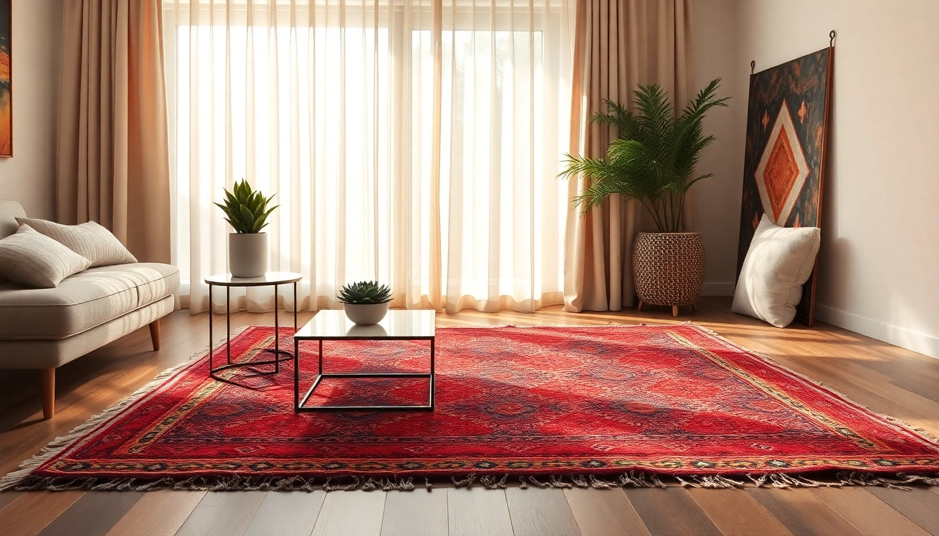 Showcase of a Moroccan Boucherouite Rug in a cozy setting, highlighting its vibrant colors and textures.