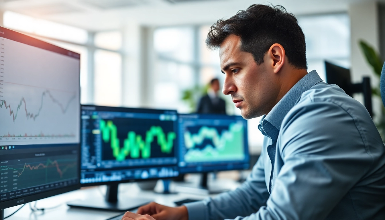 Engaged trader evaluating trade futures on multiple screens in a modern office setting.