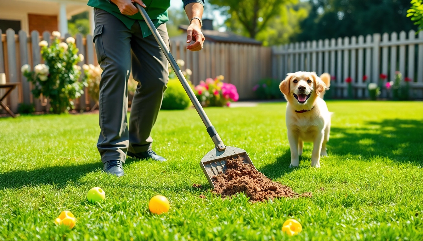 Dog poop cleaning service technician scooping waste in a well-maintained yard.