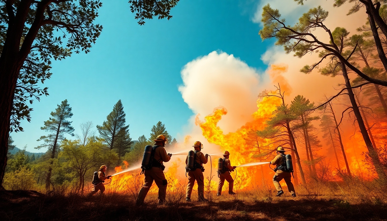 Firefighters combating wildfire events amid contrasting flames and greenery.