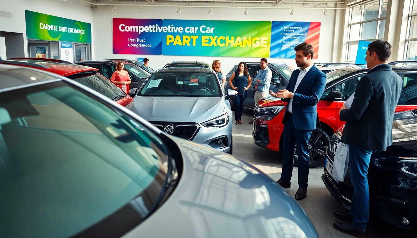 Engaged customers discussing competitive car Part Exchange values at a vibrant dealership