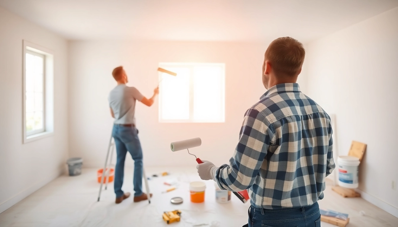 Handyman applying drywall painting with a roller in a bright room.