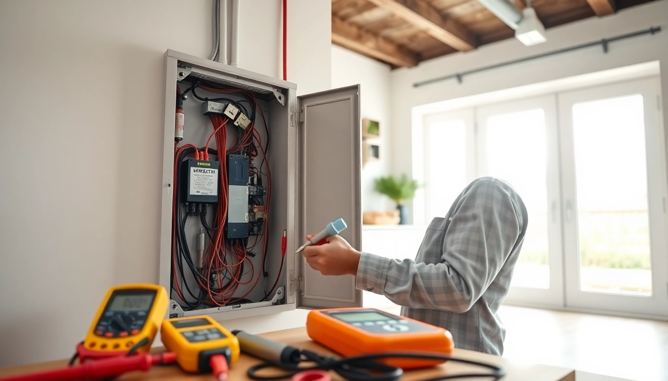 Electrician performing an electrical panel upgrade, showcasing detailed safety features and tools.