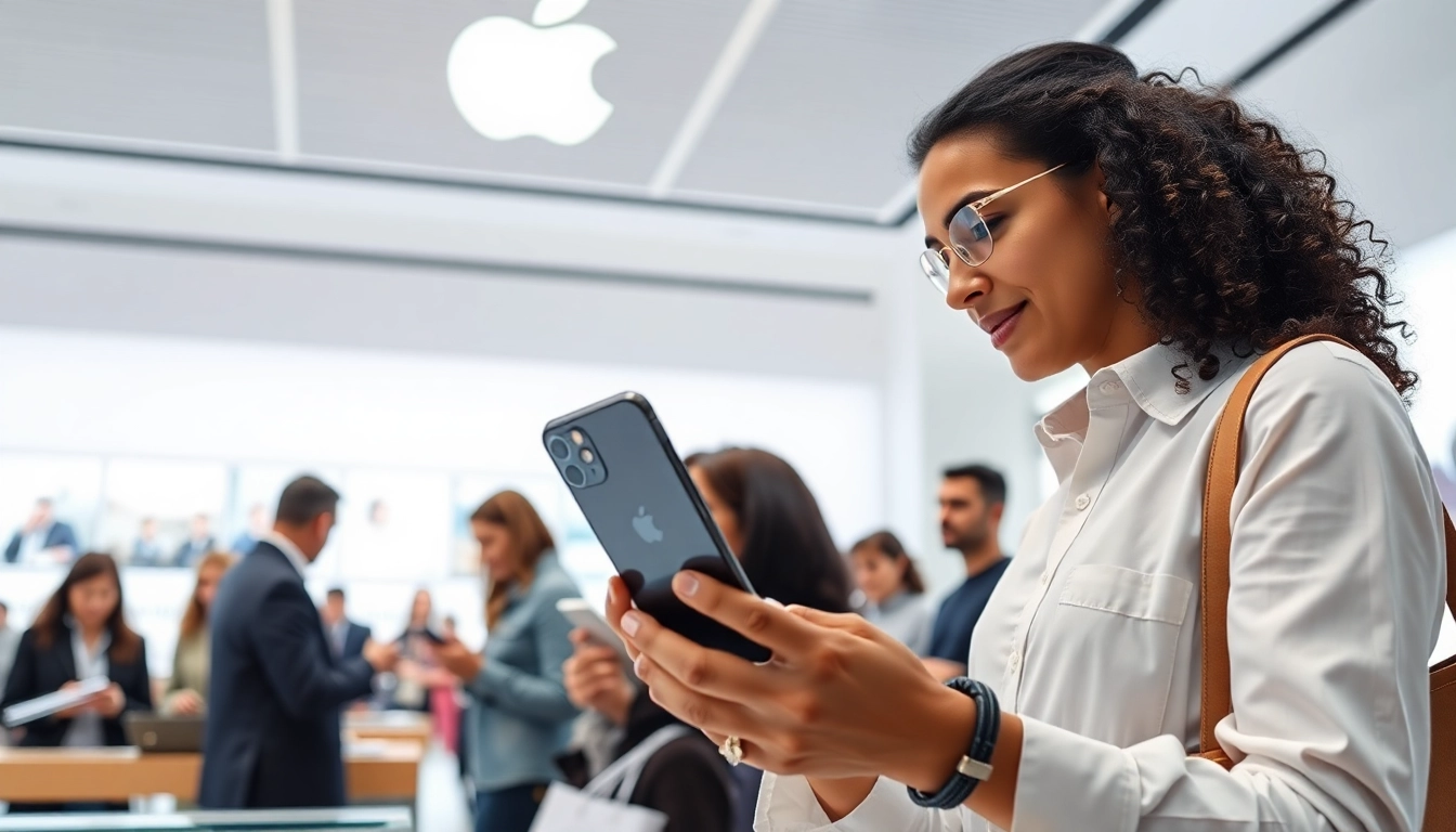 Buy iPhone 16 Pro in an Apple store with diverse shoppers engaged in purchasing.