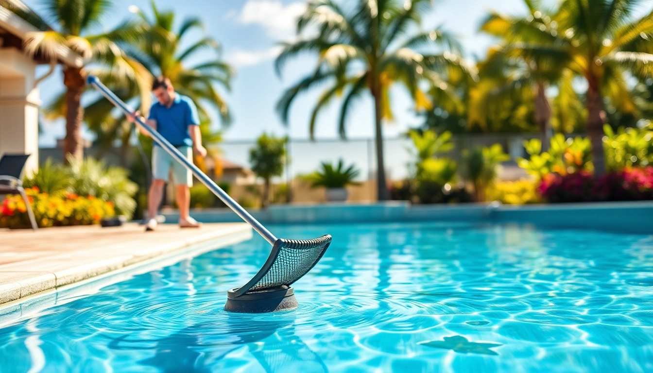 Skilled pool service Largo professionals maintaining a sparkling pool in a sunny residential setting.