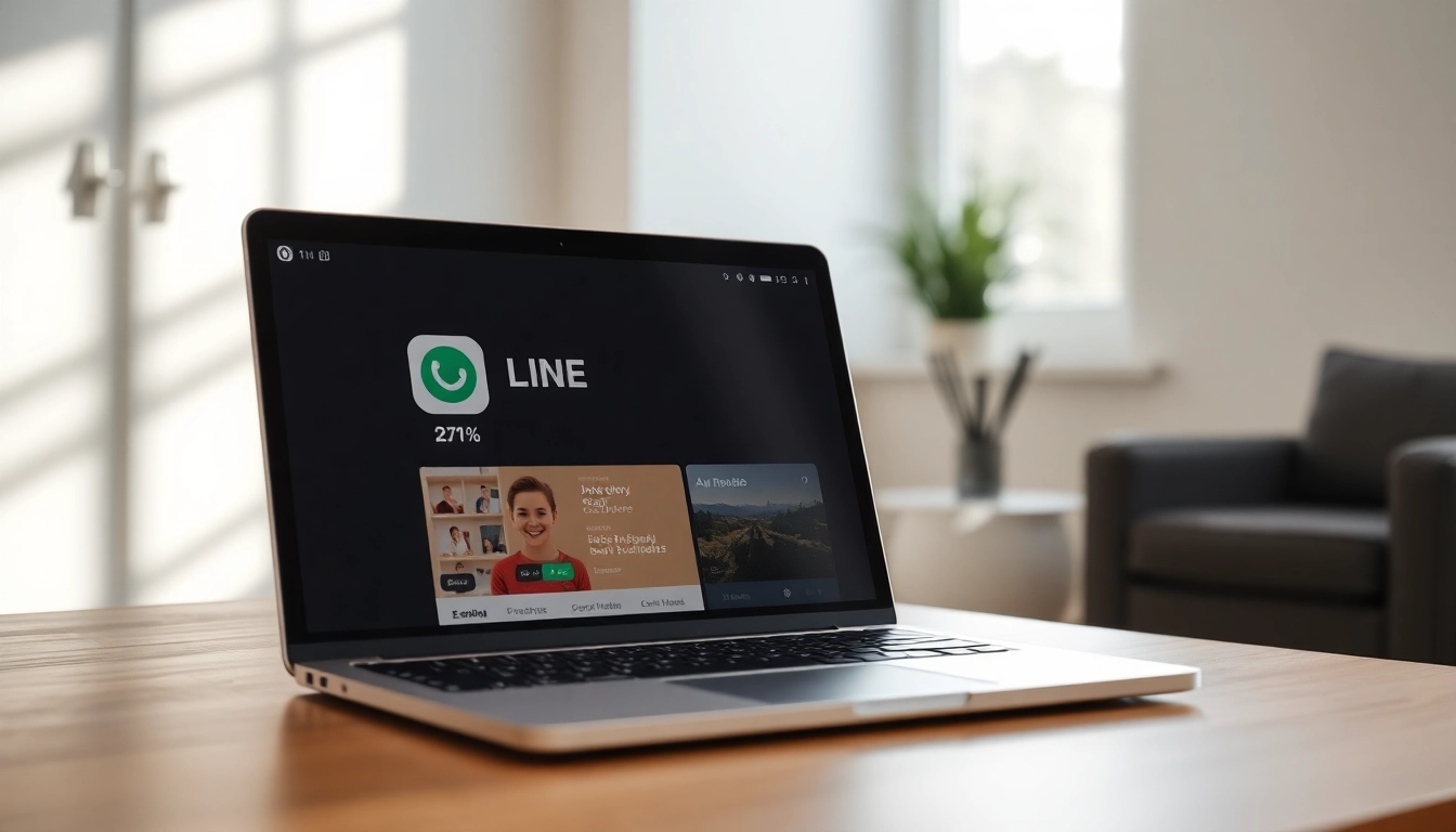 Showcase the line电脑版下载 app interface on a sleek laptop in a modern workspace.