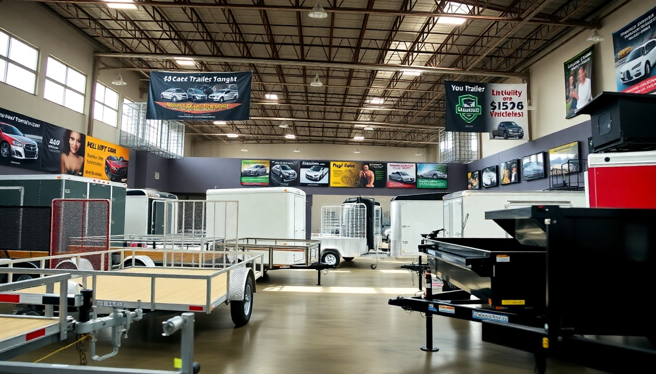 Explore various trailers for sale in Massachusetts showcased in a vibrant showroom setting.