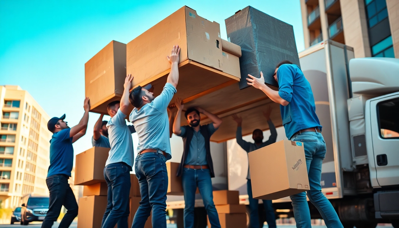 Movers efficiently handling furniture while showcasing cheap movers services in an urban environment.