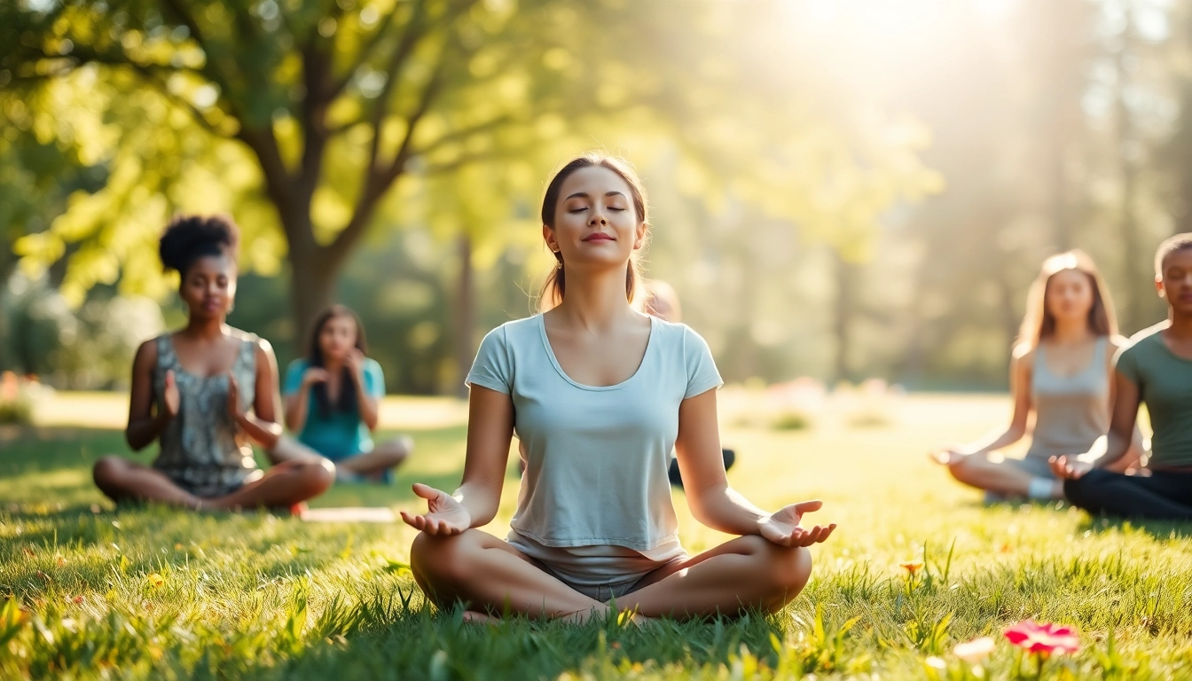 A woman practicing mindfulness outdoors, promoting dealing with stress through nature and tranquility.