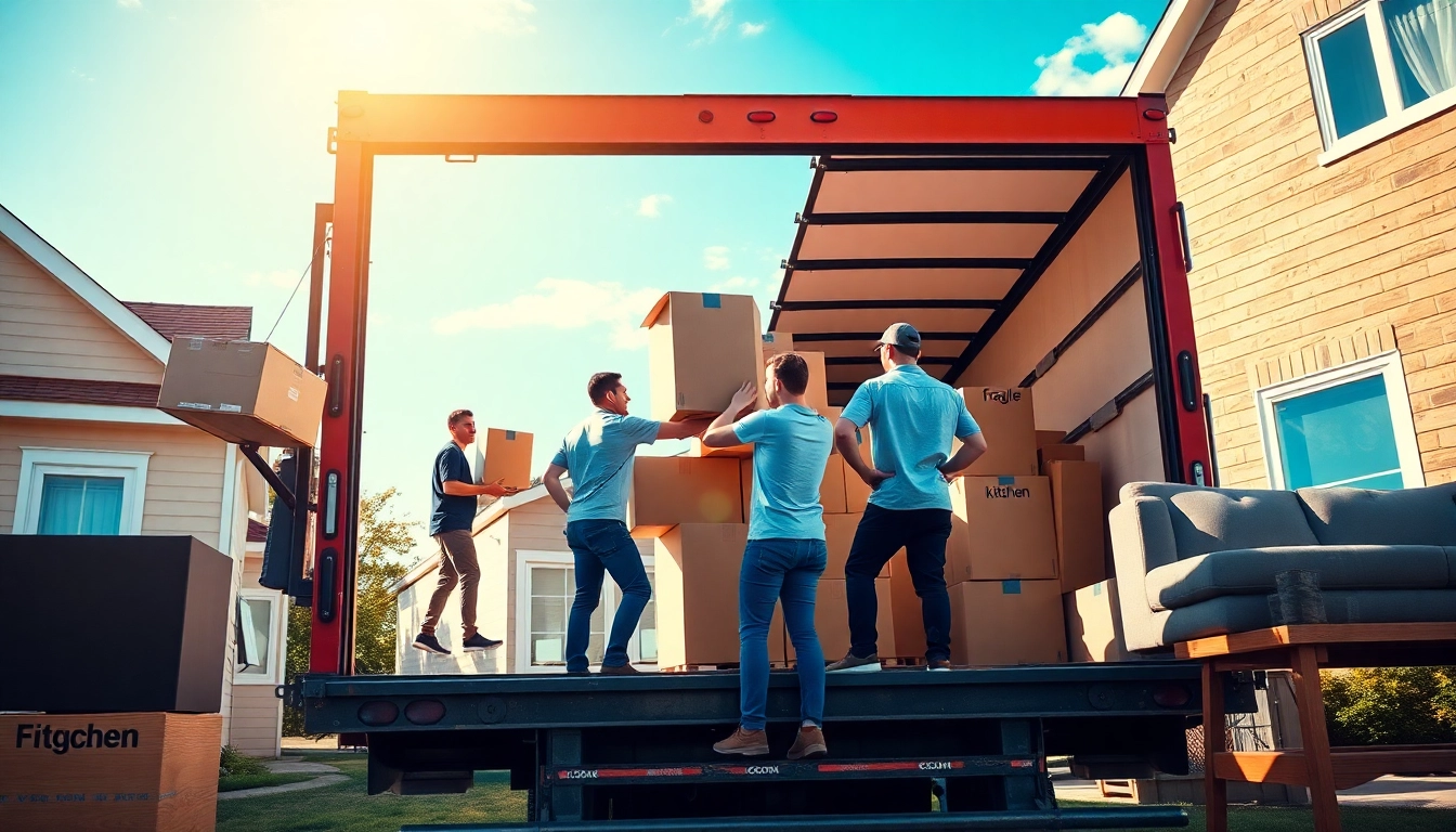 Movers conducting house moves, efficiently loading boxes and furniture into a truck.
