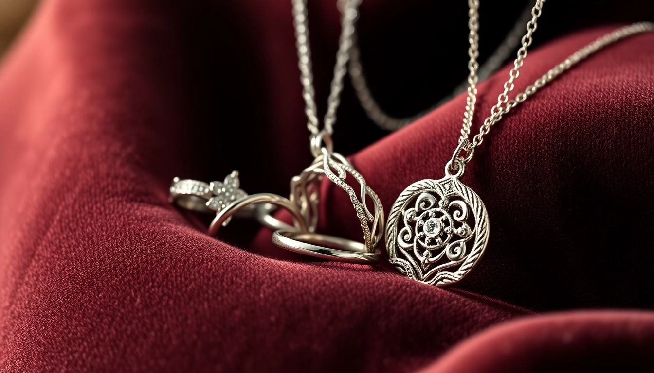 Showcasing exquisite silver jewelry with intricate designs and a luxurious setting.