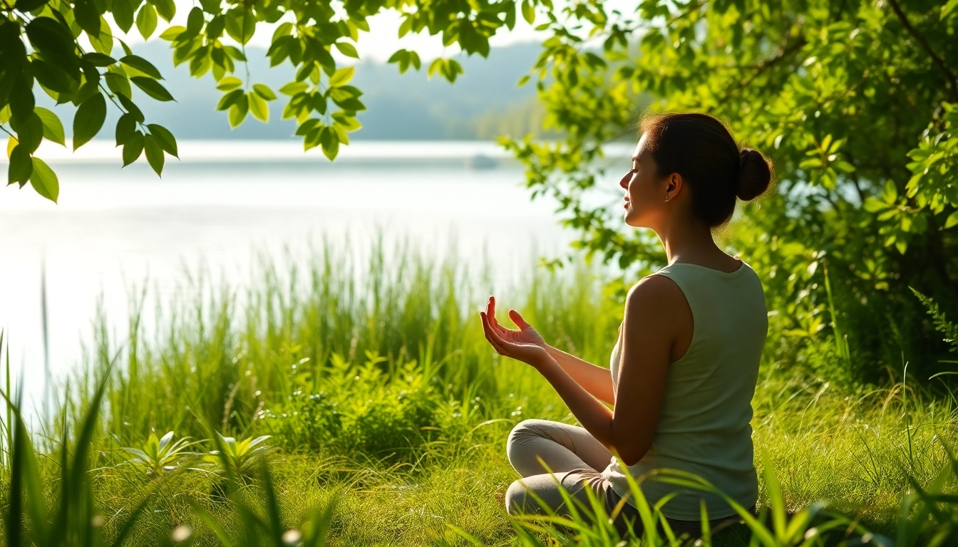 Practicing mindfulness dealing with stress in a tranquil outdoor setting with natural elements.