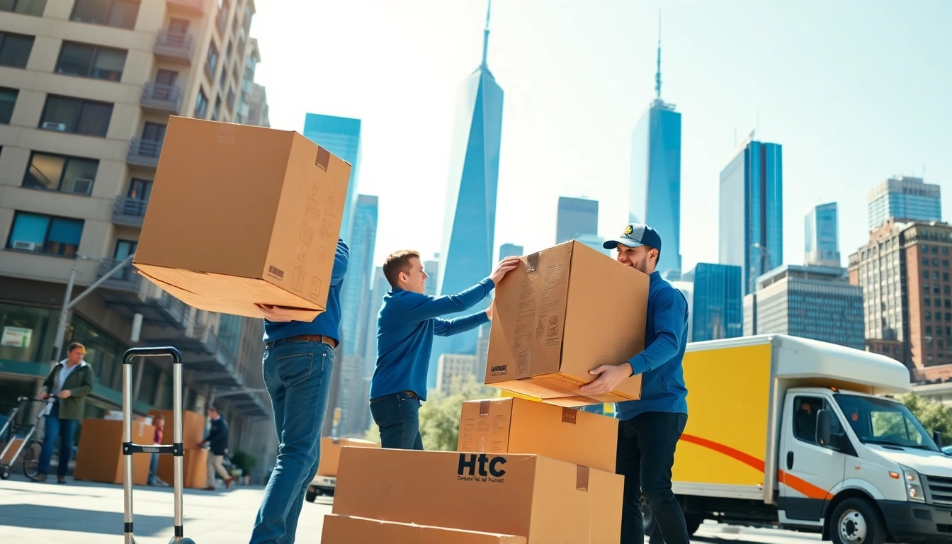 Reliable movers nyc lifting boxes amidst a vibrant New York City backdrop, showcasing professionalism.