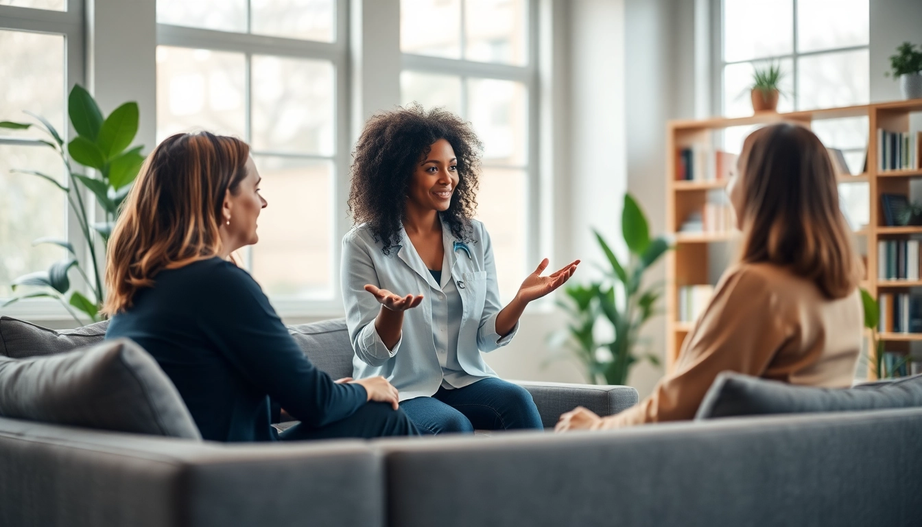 Therapist aiding in dealing with stress in a calming office environment.