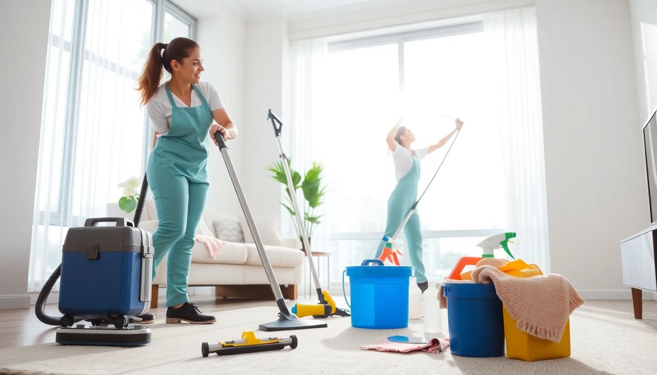 Cleaners performing bond cleaning in Brisbane, showcasing teamwork in a bright, spacious room.