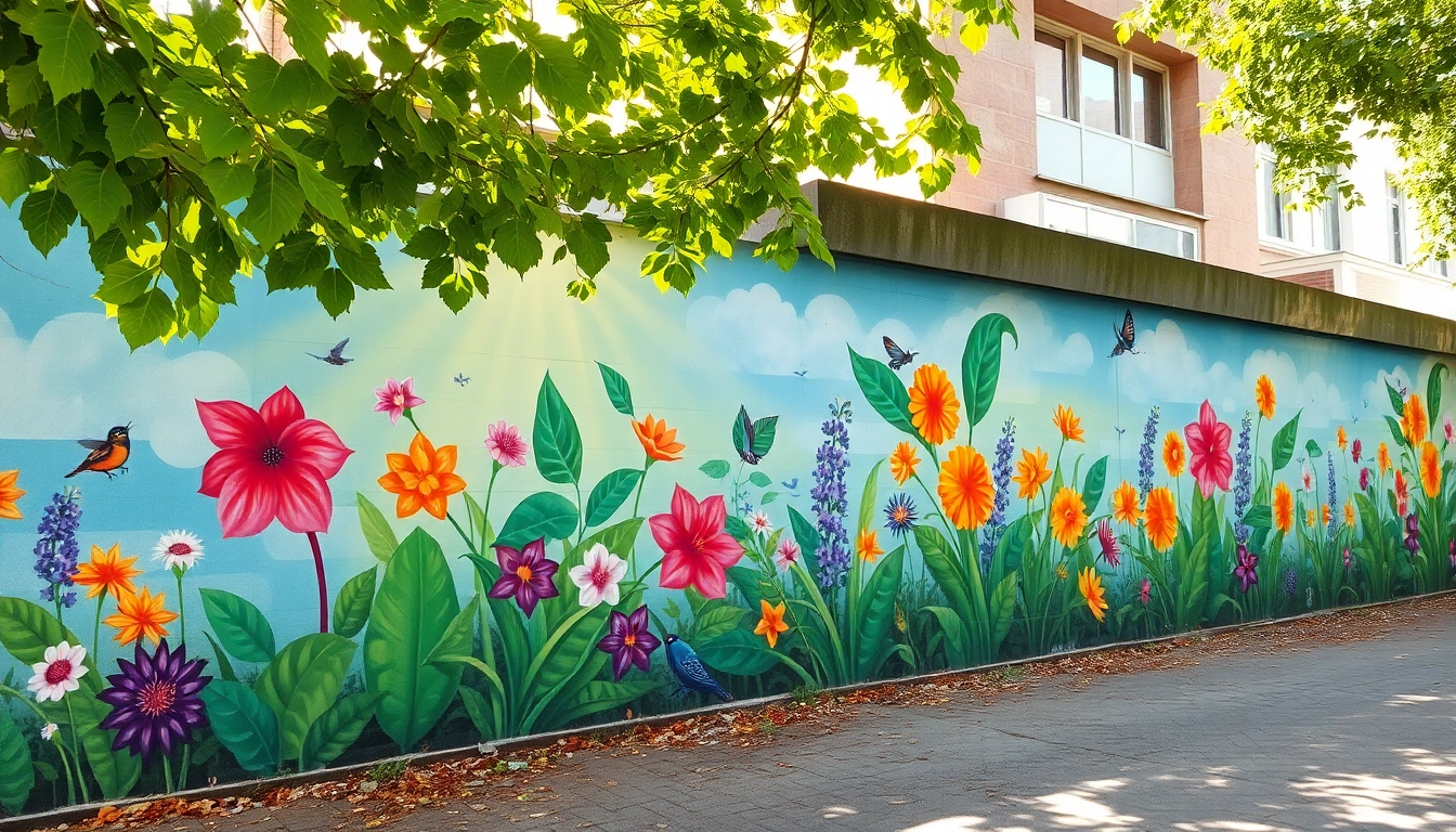 Murale illustrating a lively forest scene, enhancing urban spaces with vibrant colors and textures.