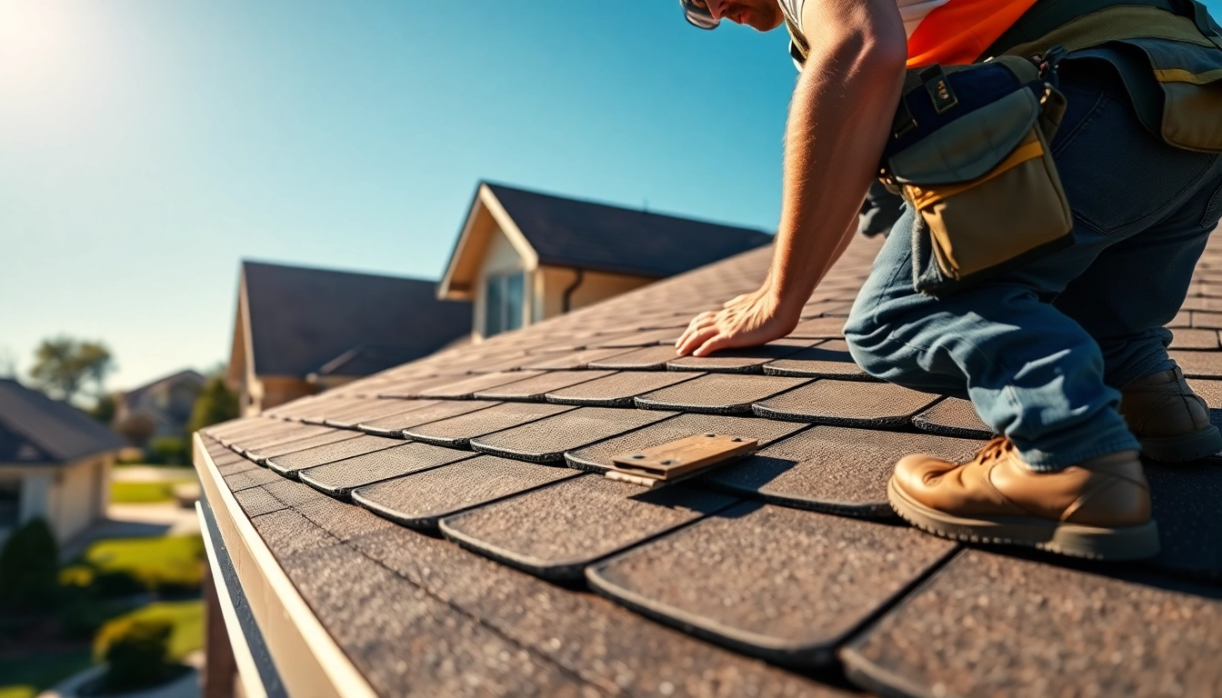 Best roofing company in Austin features a professional contractor installing shingles on a sunny day.