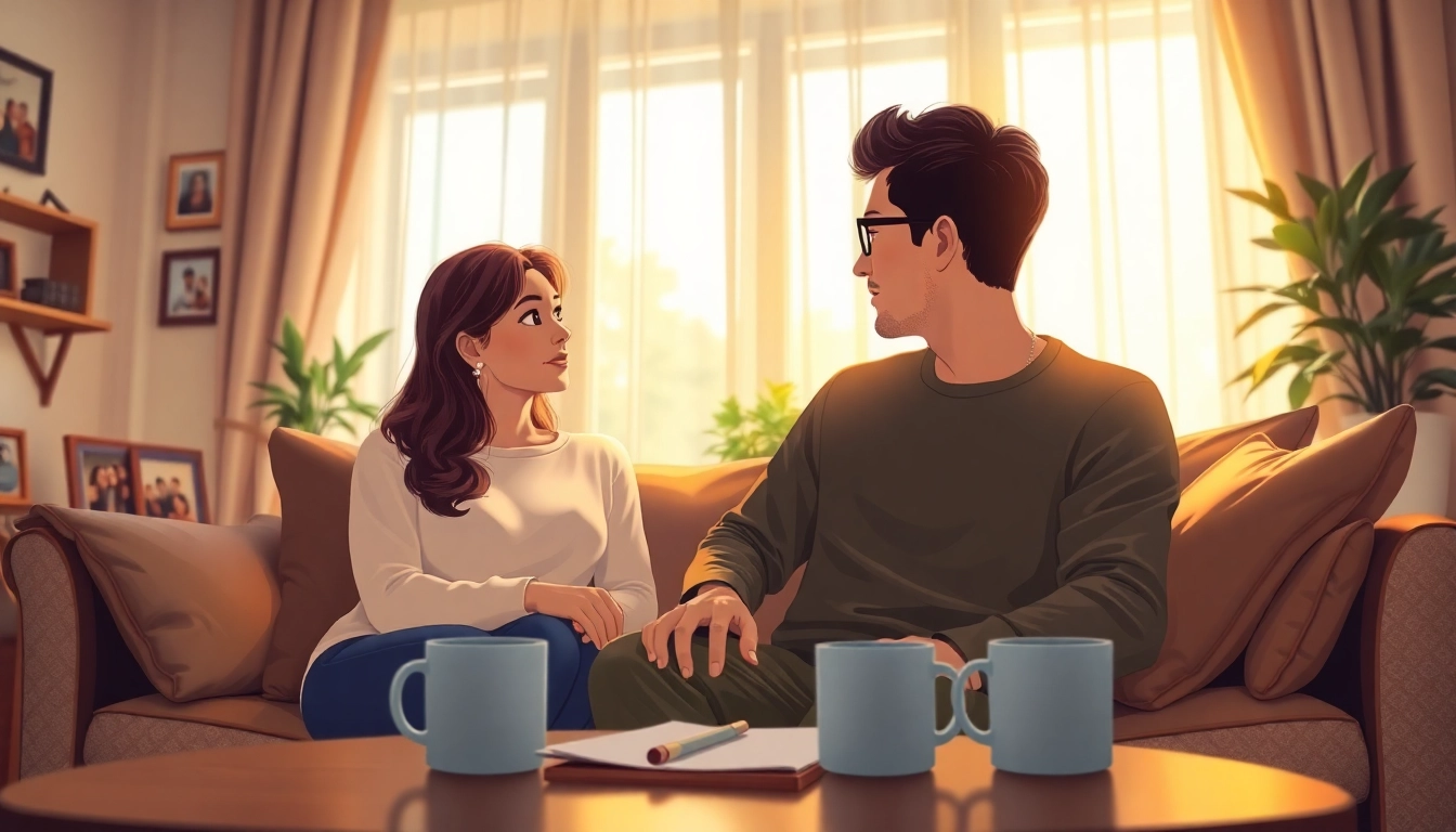 Couple communicating in relationships with warmth and connection in a cozy living room setting.