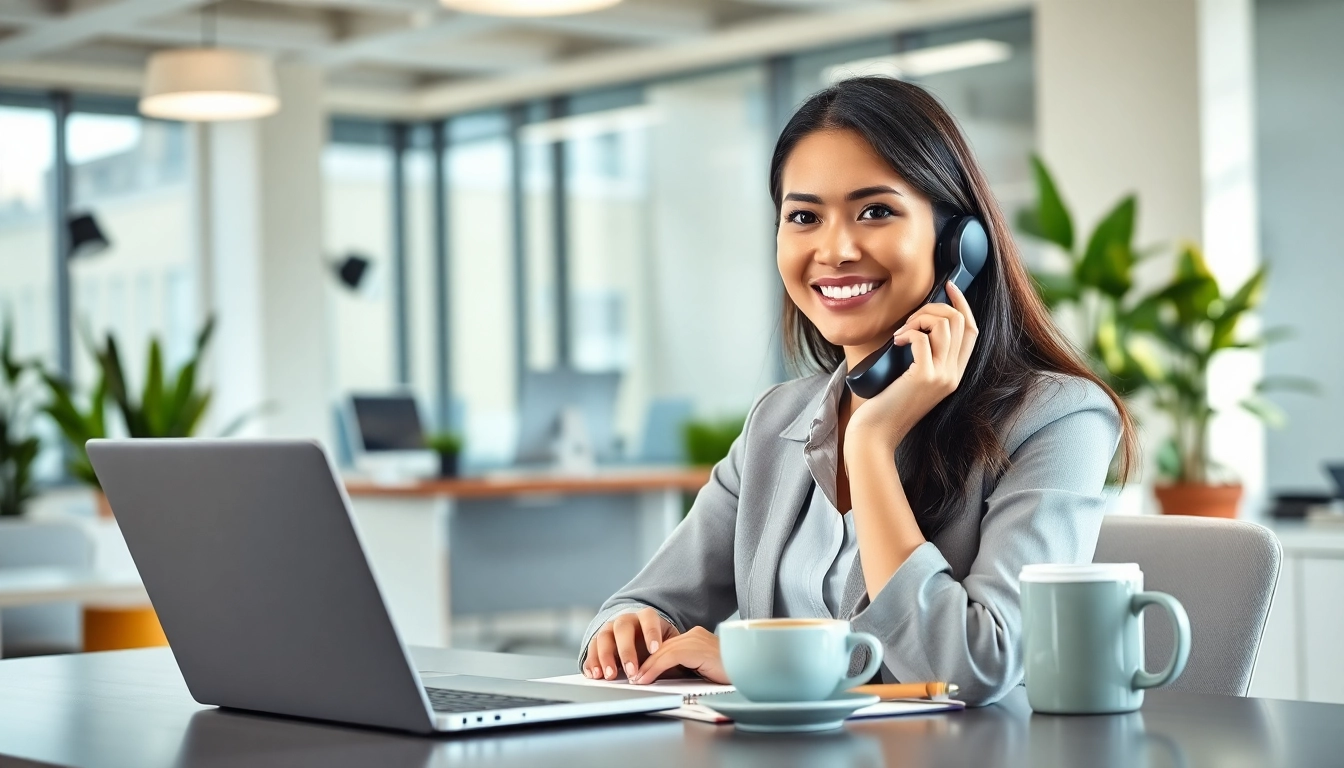 Engaging virtual answer service showcased by a professional receptionist in a vibrant office setup.