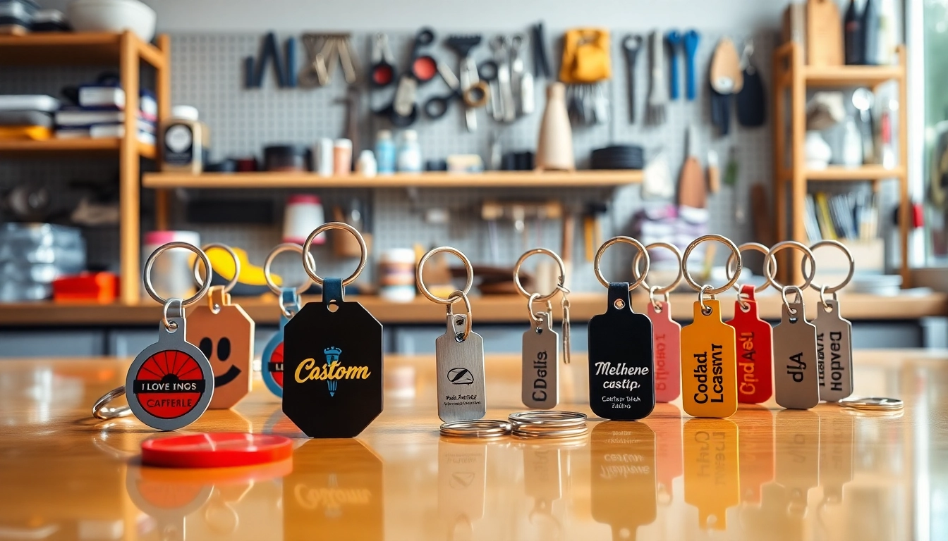 Showcasing customized key chains with vibrant designs in a retail setting highlighting colors and details.