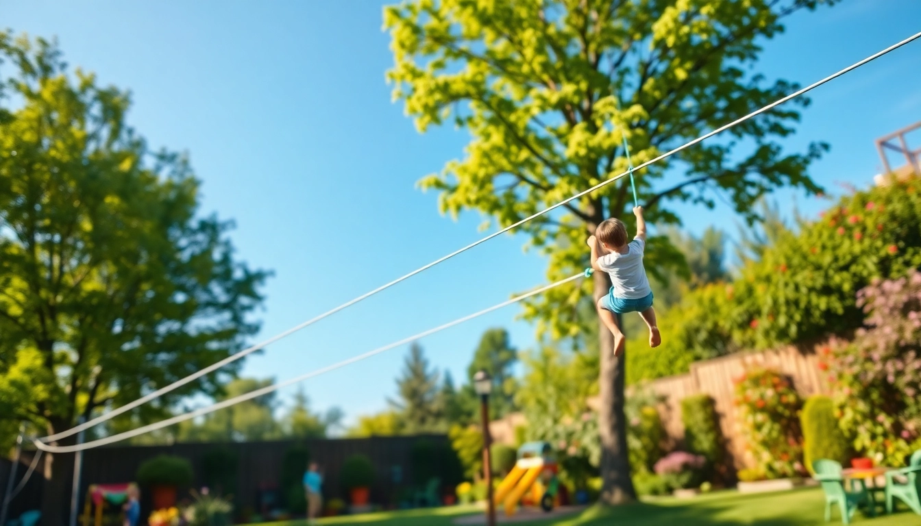 Engaging moment on the GARDEN ZIP WIRE KIT highlighting children enjoying outdoor playtime.
