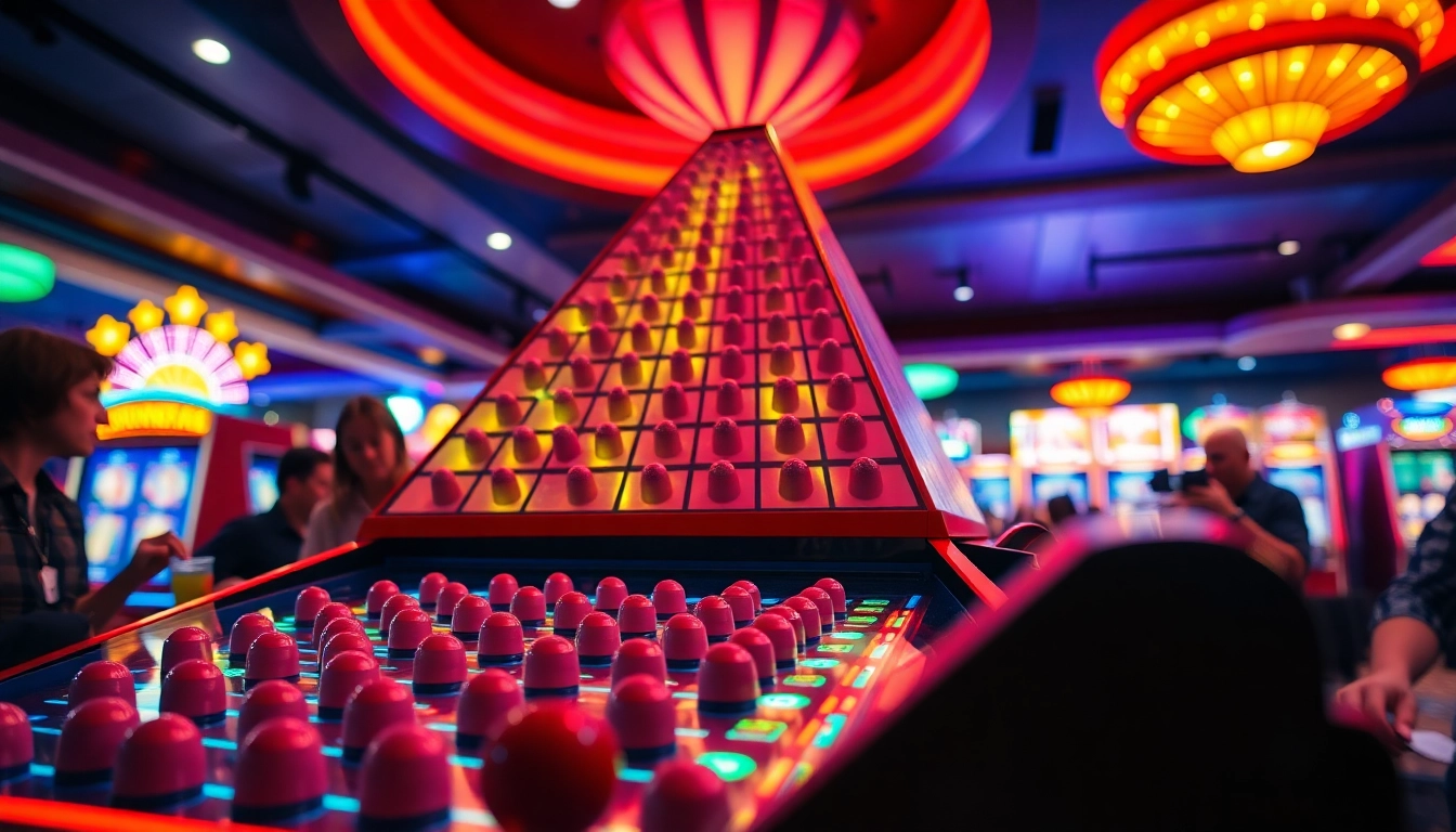 Permainan plinko slot yang menarik di lingkungan kasino warna-warni.