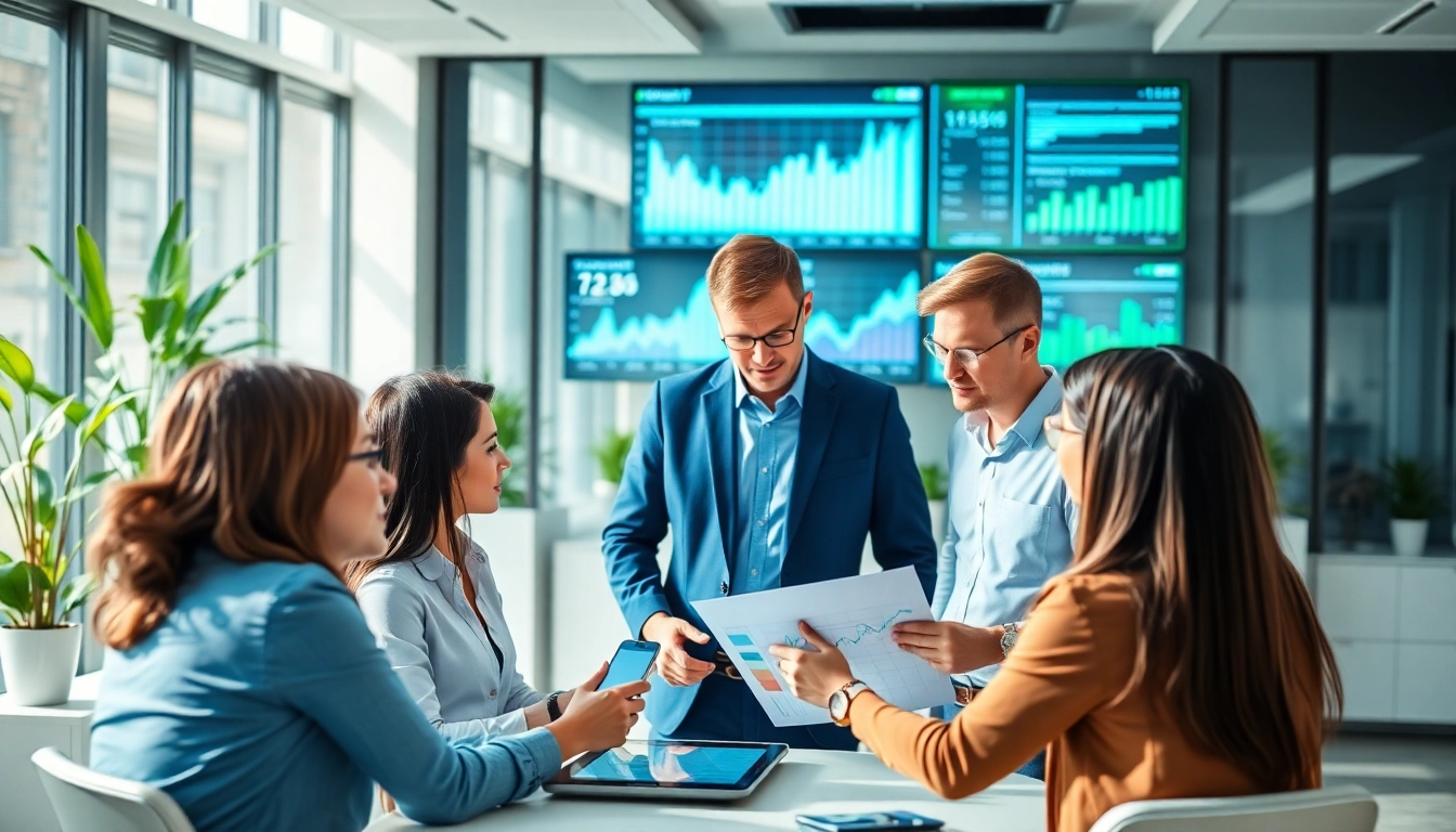 Analyze competitive intelligence trends with a diverse business team in a modern office environment.